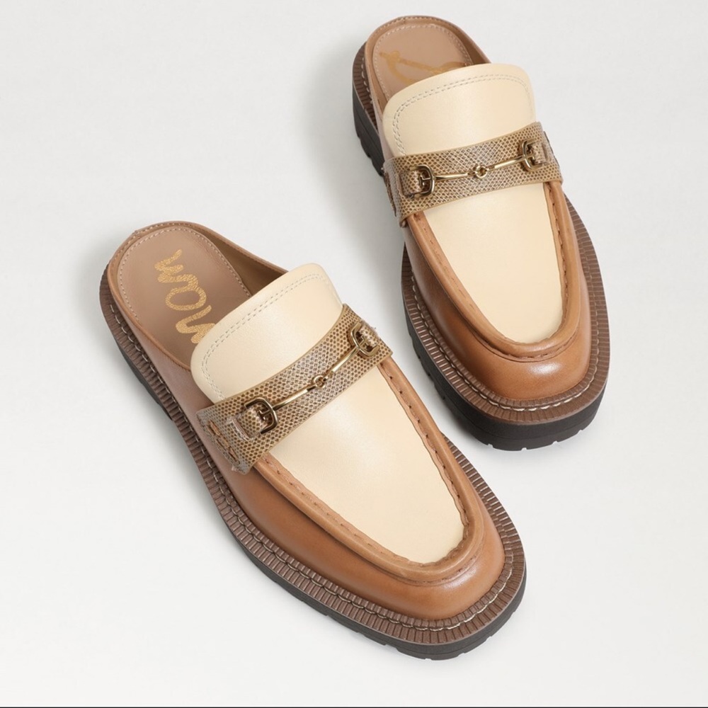 Sam Edelman Two-Tone Cream and Brown Leather Backless Loafers
